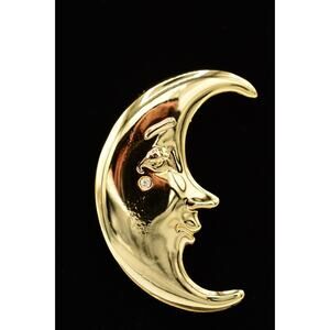 AJC Vintage Crescent Moon Pin Brooch Gold Face Crystal NOS Signed 1980s BinA3